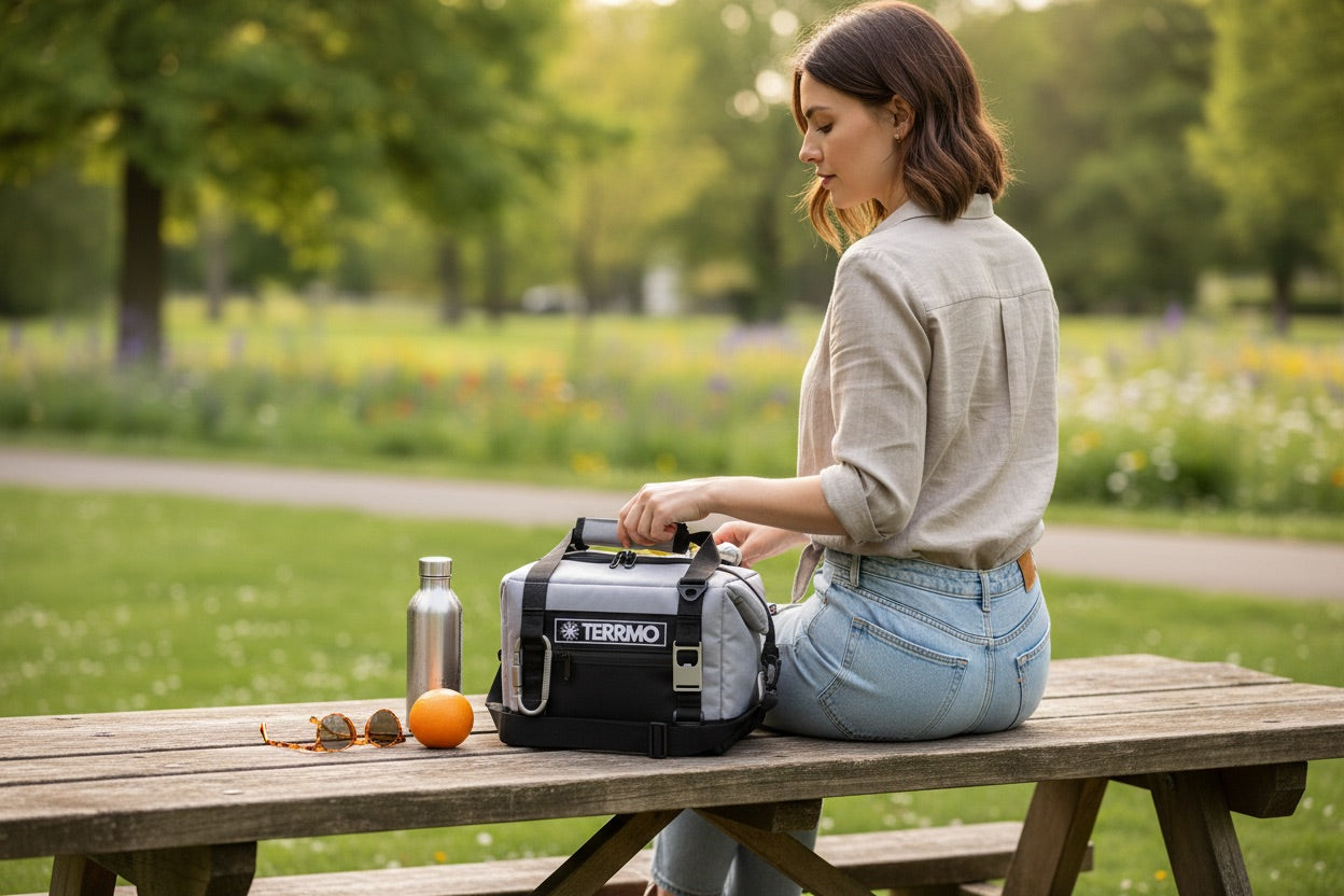 Frau im Park mit einer TERRMO EPIC kleinen 5-Liter-Picknick-Kühltasche.