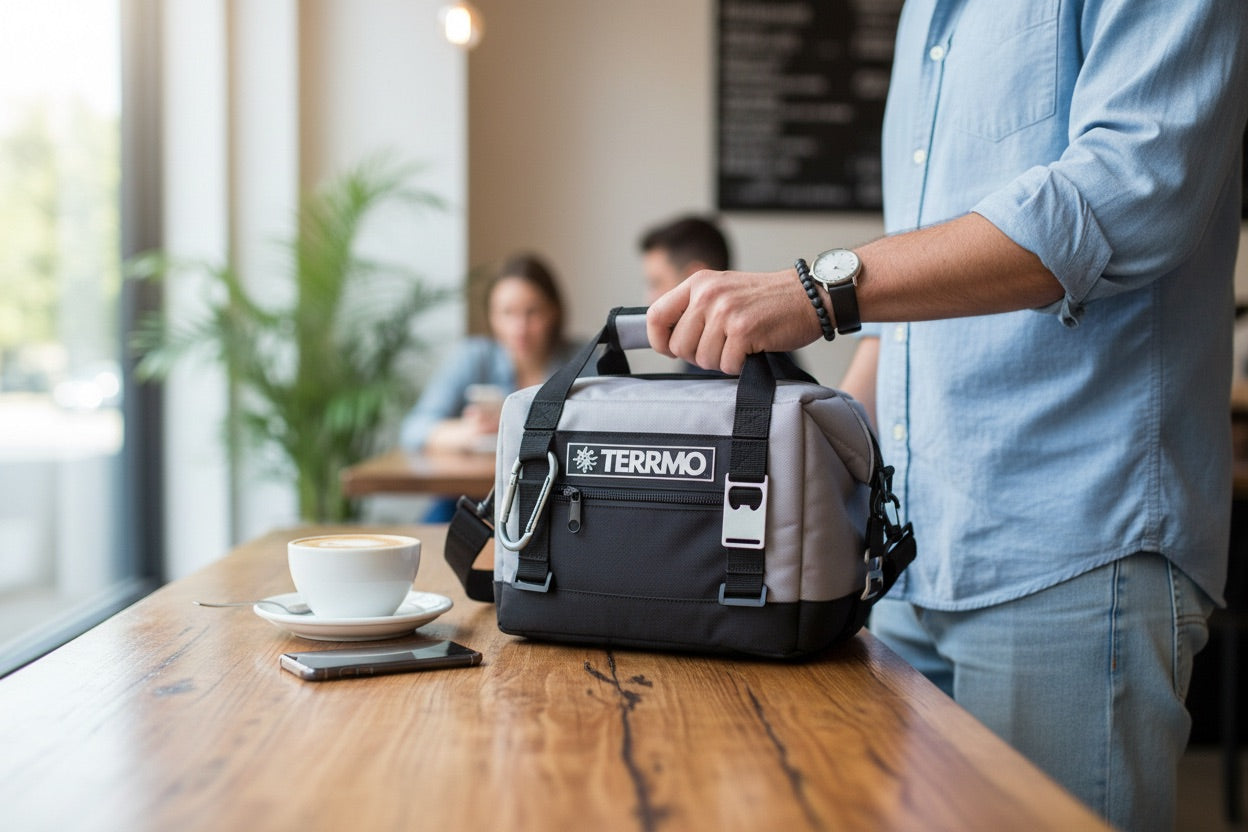 Person mit einer tragbaren TERRMO EPIC 5l Mini-Kühltasche für Mittagessen und Medikamente