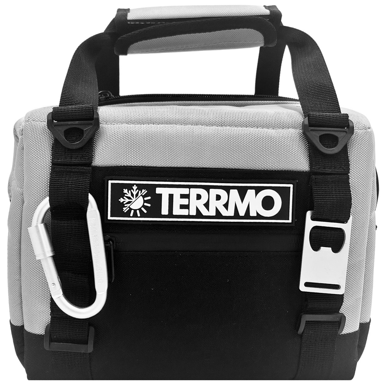 Eine schwarz-graue TERRMO Mini-Kühltasche mit weißem Karabinerhaken und Vordertasche.