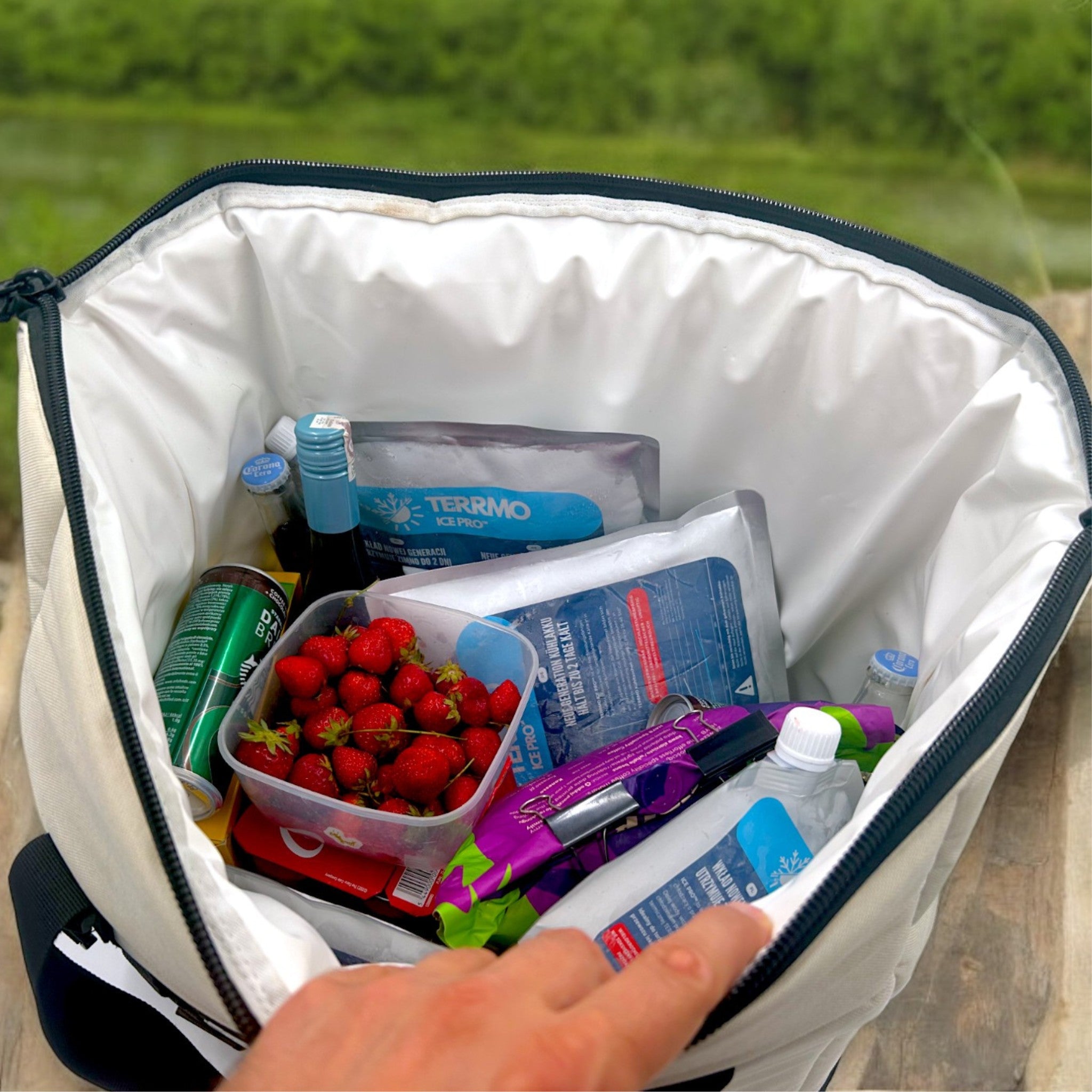 Open TERRMO Epic cooler bag with ice pro ice packs, food and drinks