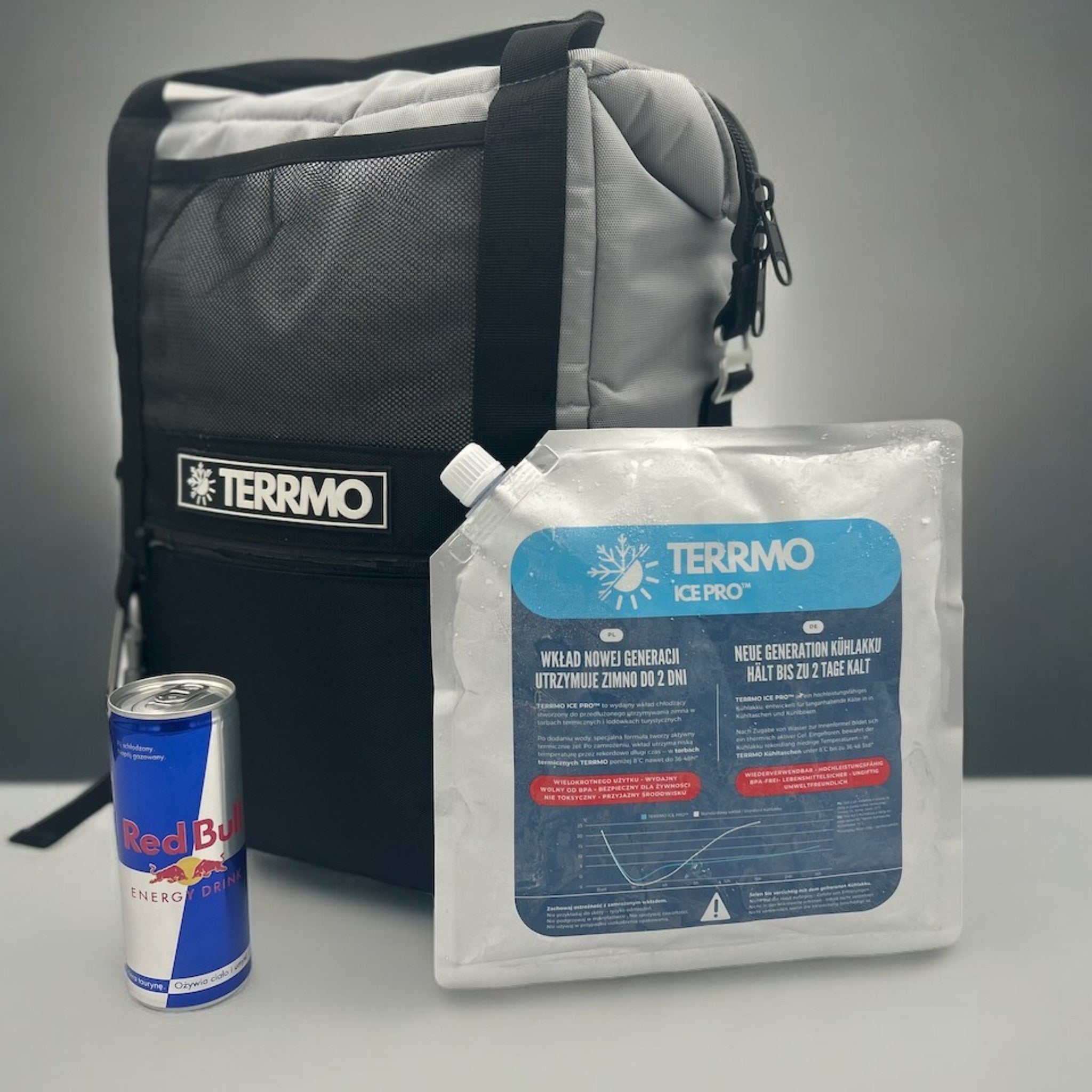 TERRMO EPIC 25 backpack cool bag with ICE PRO XL ice pack and redbull can for size perspective